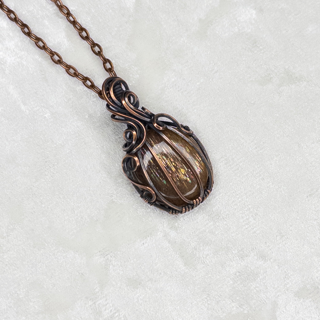 Meteor Shower Sunstone Antiqued Copper Pumpkin Pendant