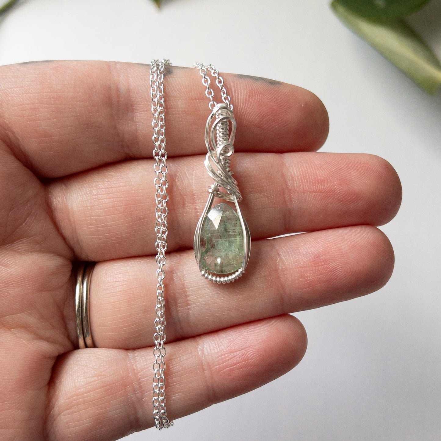 Faceted Green Kyanite & Sterling Silver Wrapped Pendant