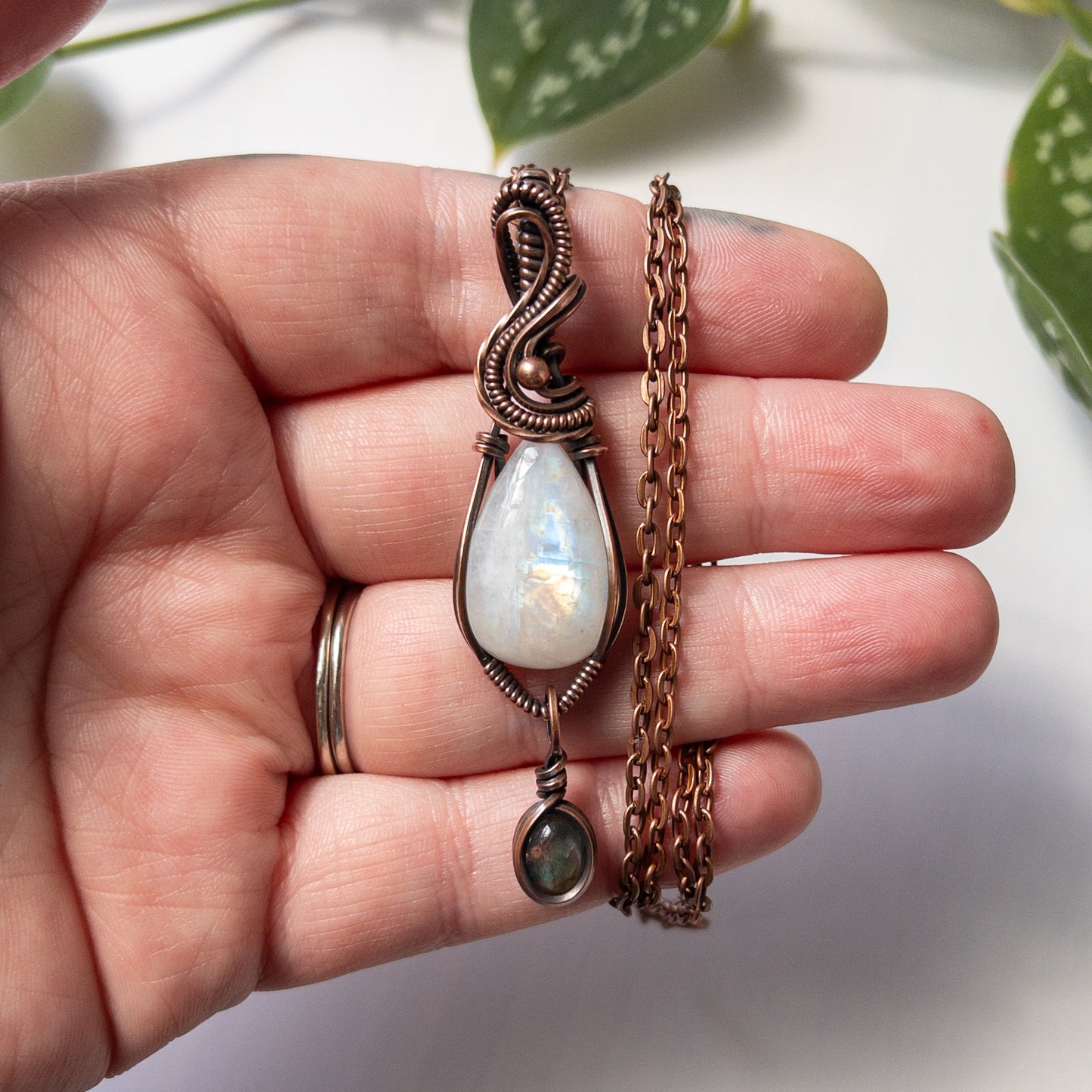 Rainbow Moonstone With Labradorite Charm & Copper Wrapped Pendant