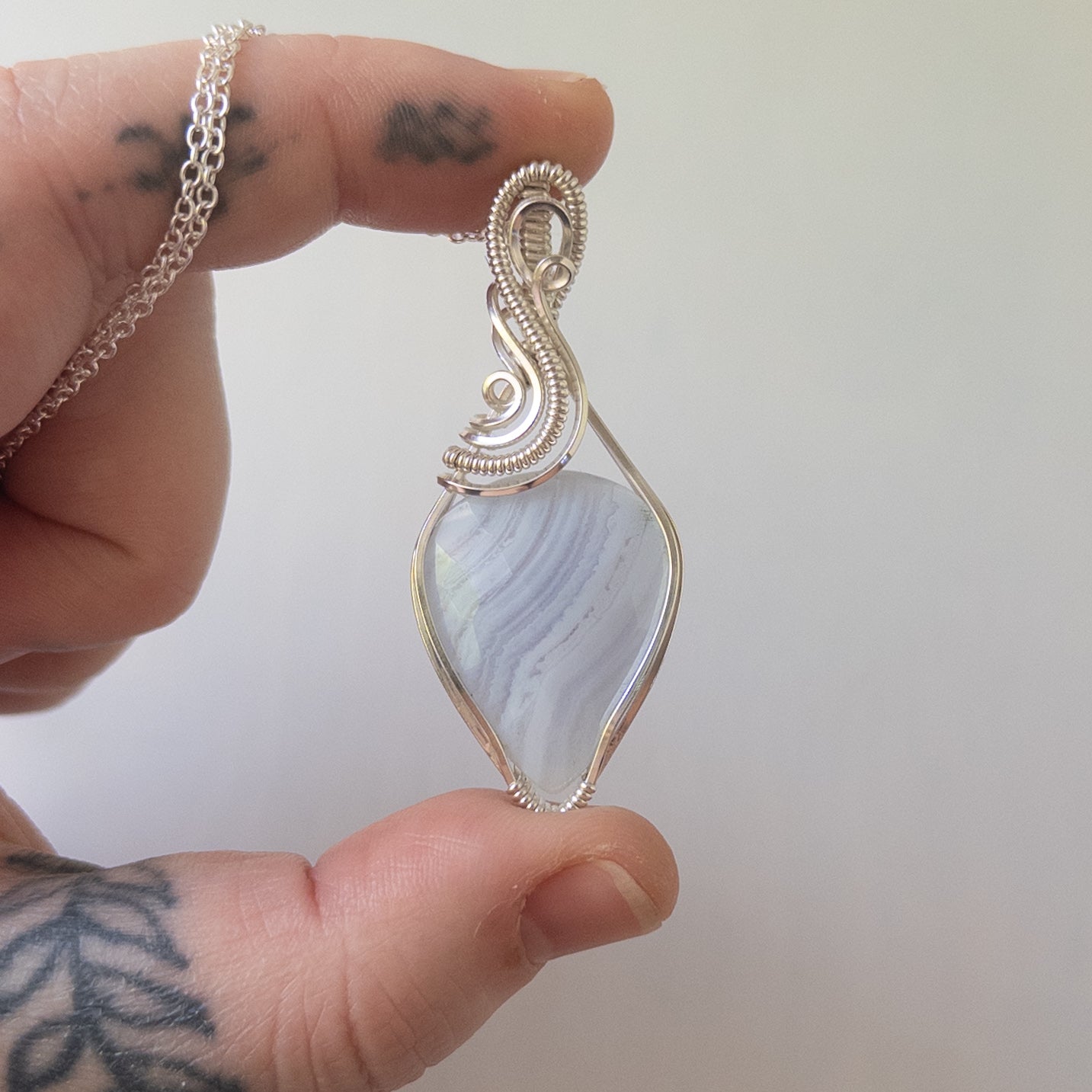 Rose Cut Blue Lace Agate Sterling Silver Wrapped Pendant