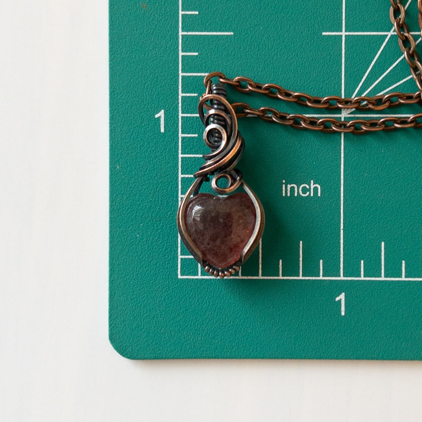 Mini Strawberry Quartz Heart & Copper Wrapped Pendant - A