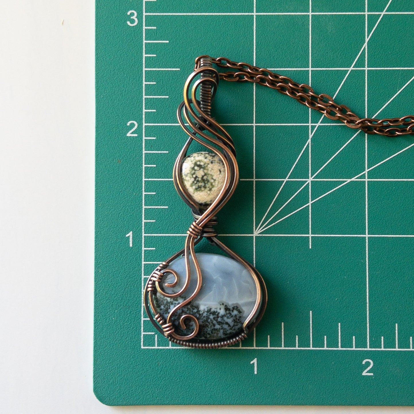 Mossy Blue Opal & Ocean Jasper Copper Wrapped Pendant