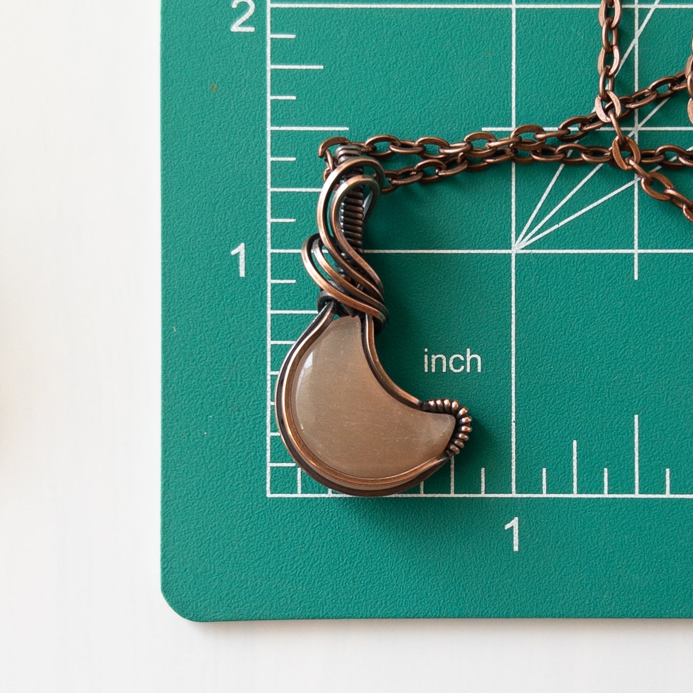 Peach Moonstone Moon & Copper Wrapped Pendant