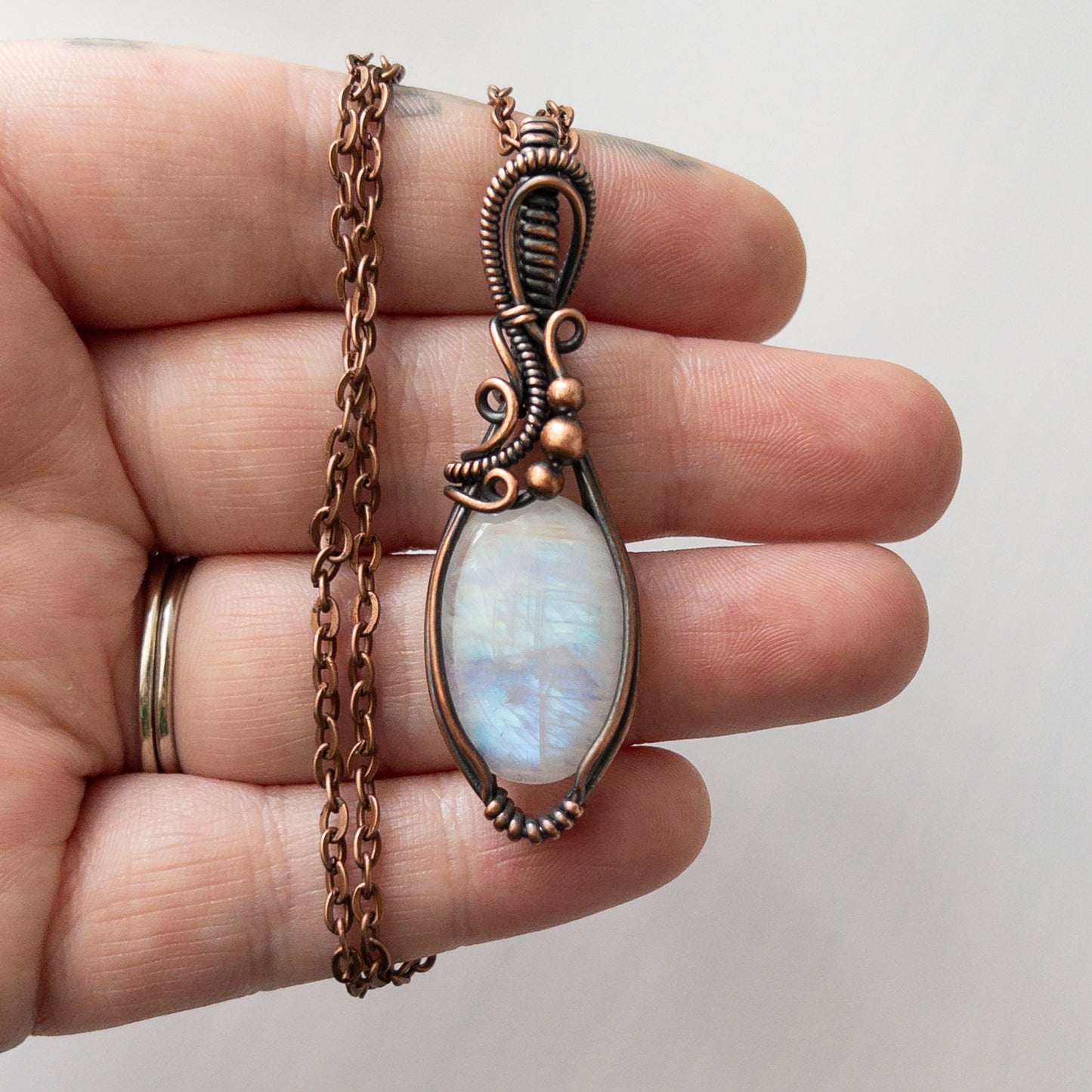 Rainbow Moonstone Copper Wrapped Pendant