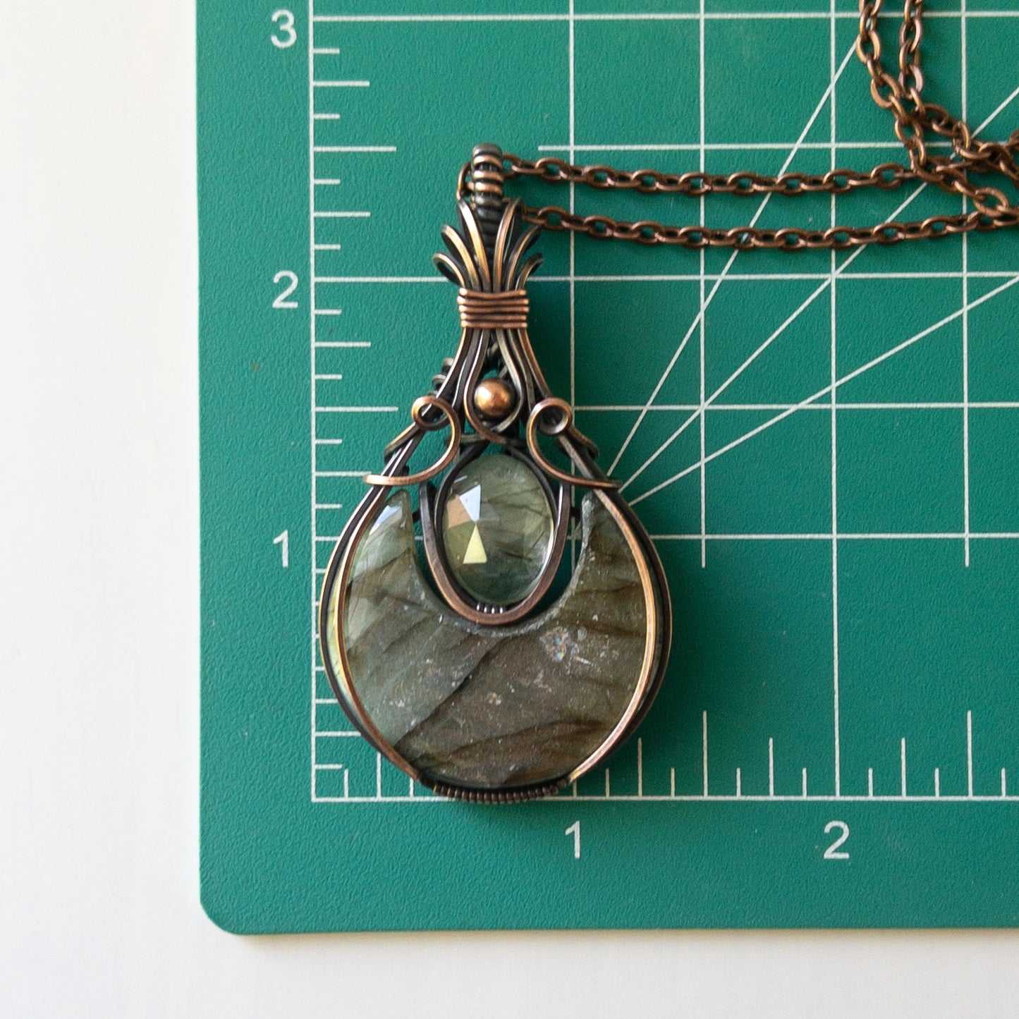Labradorite Moon & Faceted Green Rutile Copper Wrapped Pendant