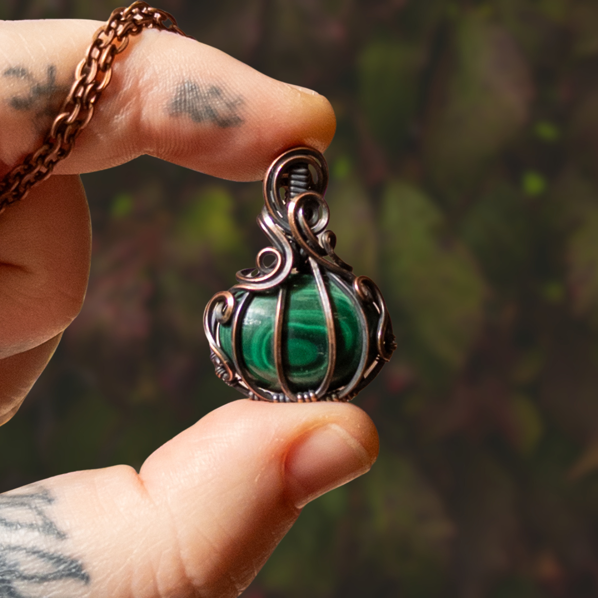 Malachite “Eye” Antiqued Copper Pumpkin Pendant