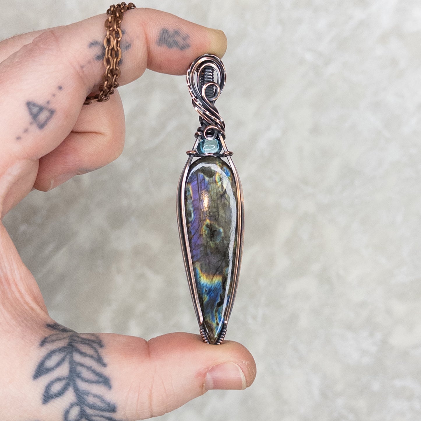 “Lightning Storm” Labradorite & Paraiba Apatite Antiqued Copper Wrapped Pendant