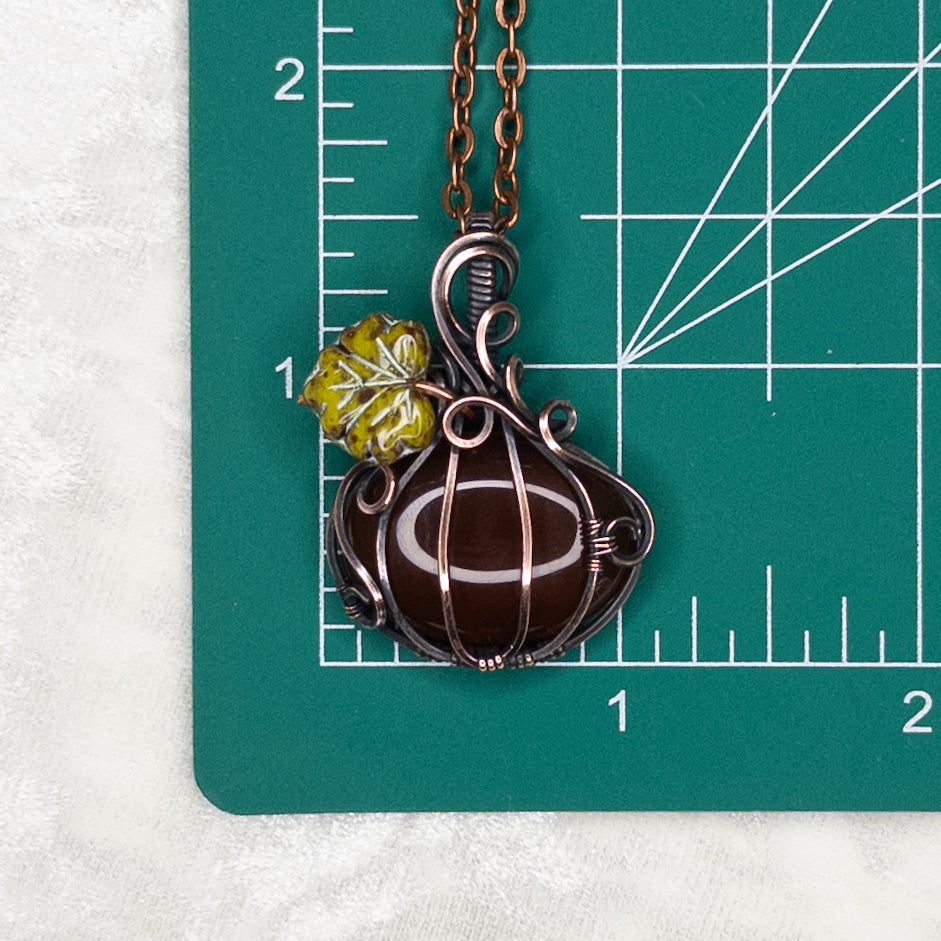 Red Carnelian Antiqued Copper Pumpkin Pendant With Czech Glass Leaf