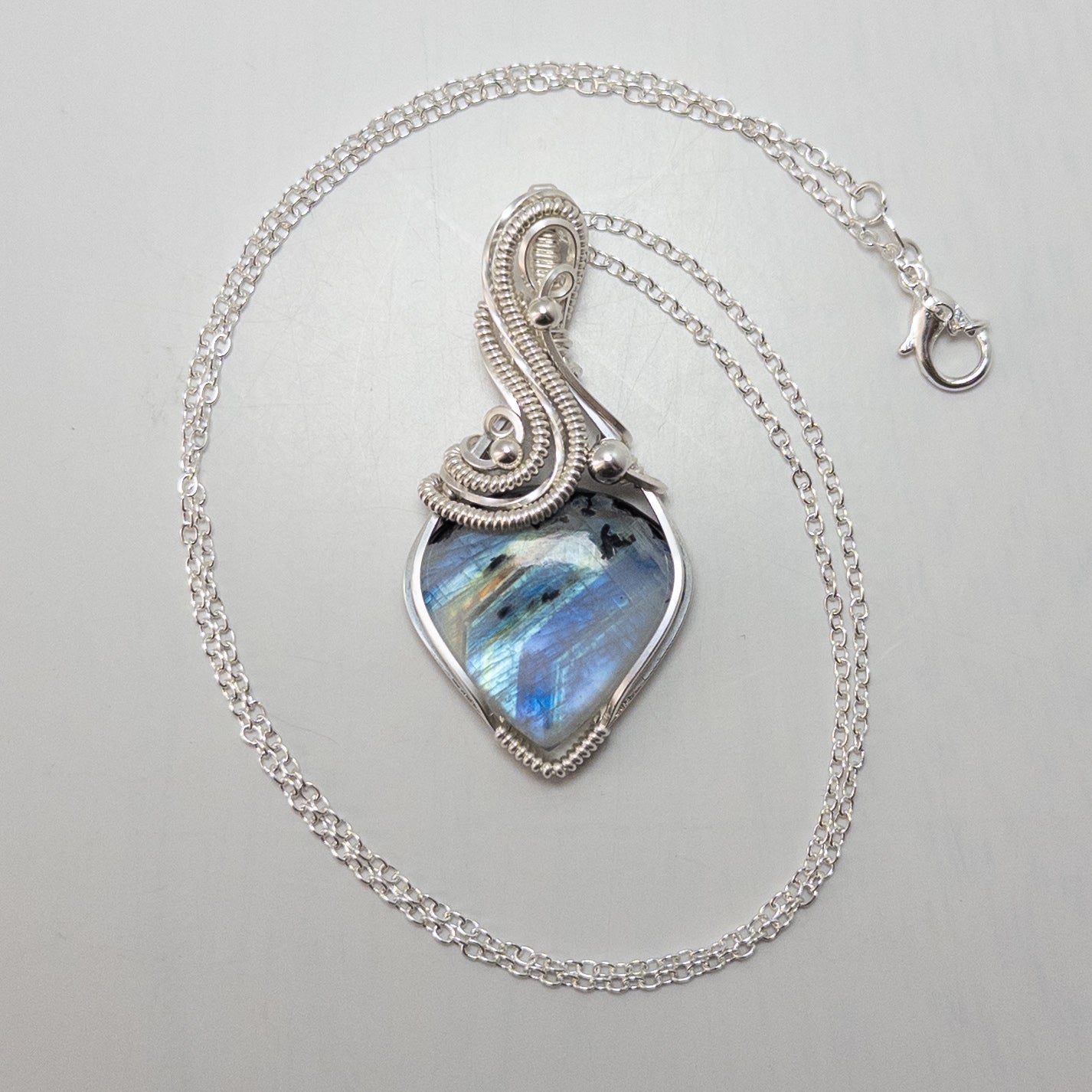 High Quality Rainbow Moonstone Sterling Silver Wrapped Pendant