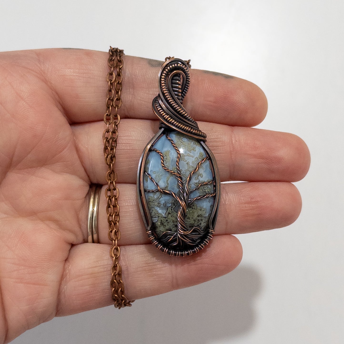 Mossy Blue Opal Woven Tree Copper Wrapped Pendant