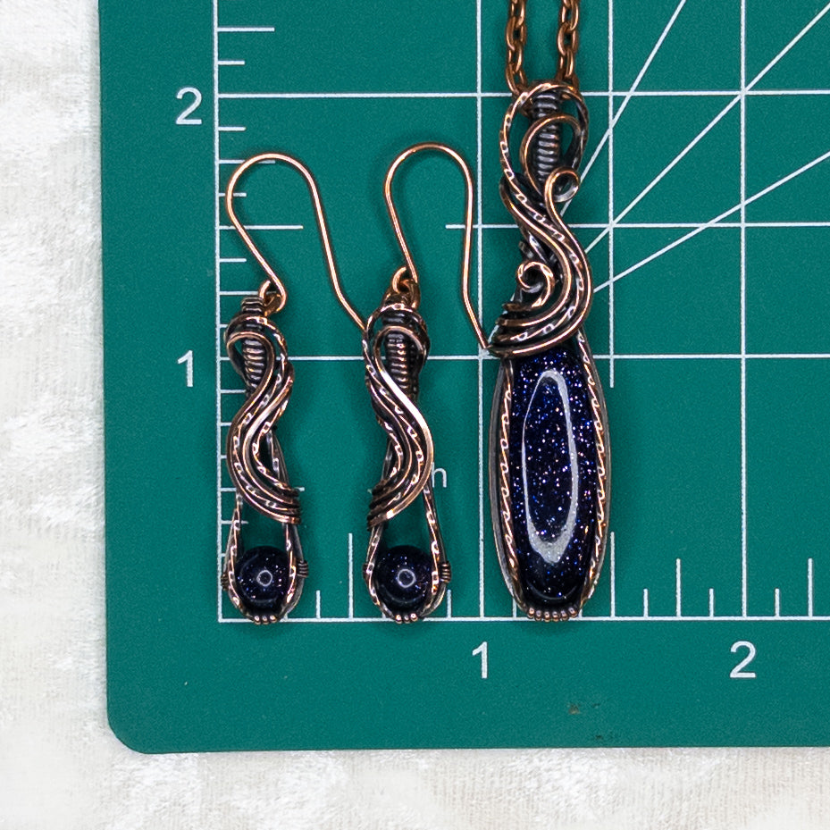 Blue Goldstone Antiqued Copper Pendant & Earrings Set