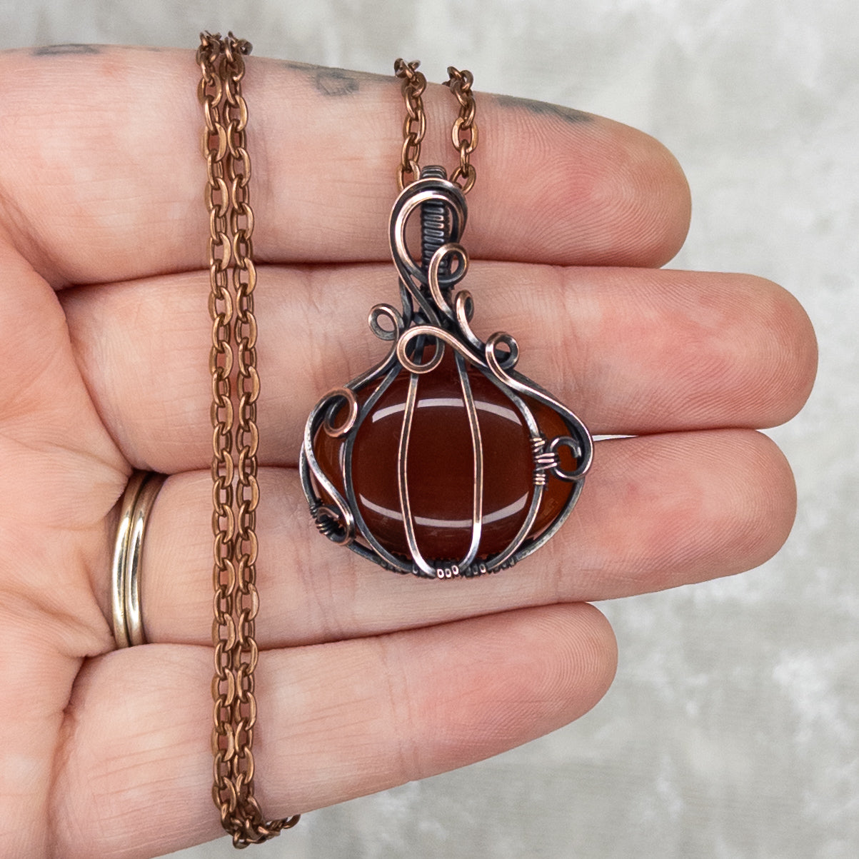Red Carnelian Antiqued Copper Pumpkin Pendant