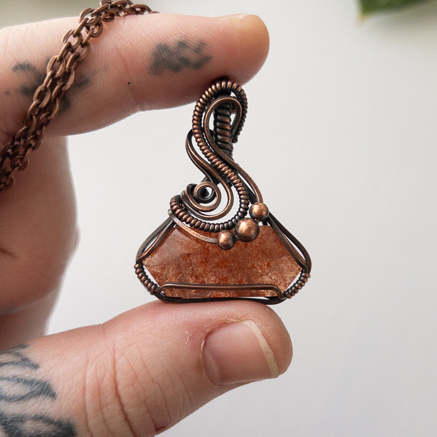 Sunstone “Potion Bottle” Shaped Copper Wrapped Pendant