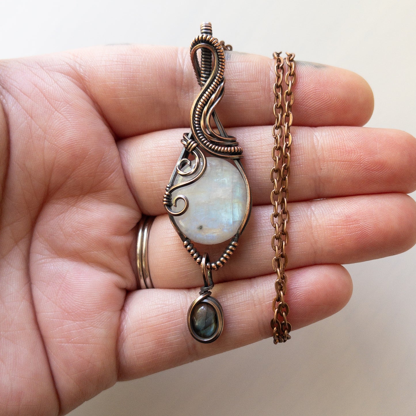 Rainbow Moonstone With Labradorite Charm Copper Wrapped Pendant