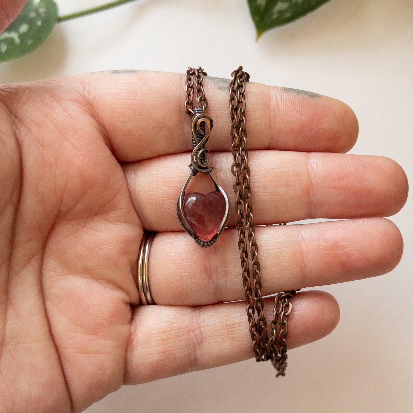 Mini Strawberry Quartz Heart & Copper Wrapped Pendant - B