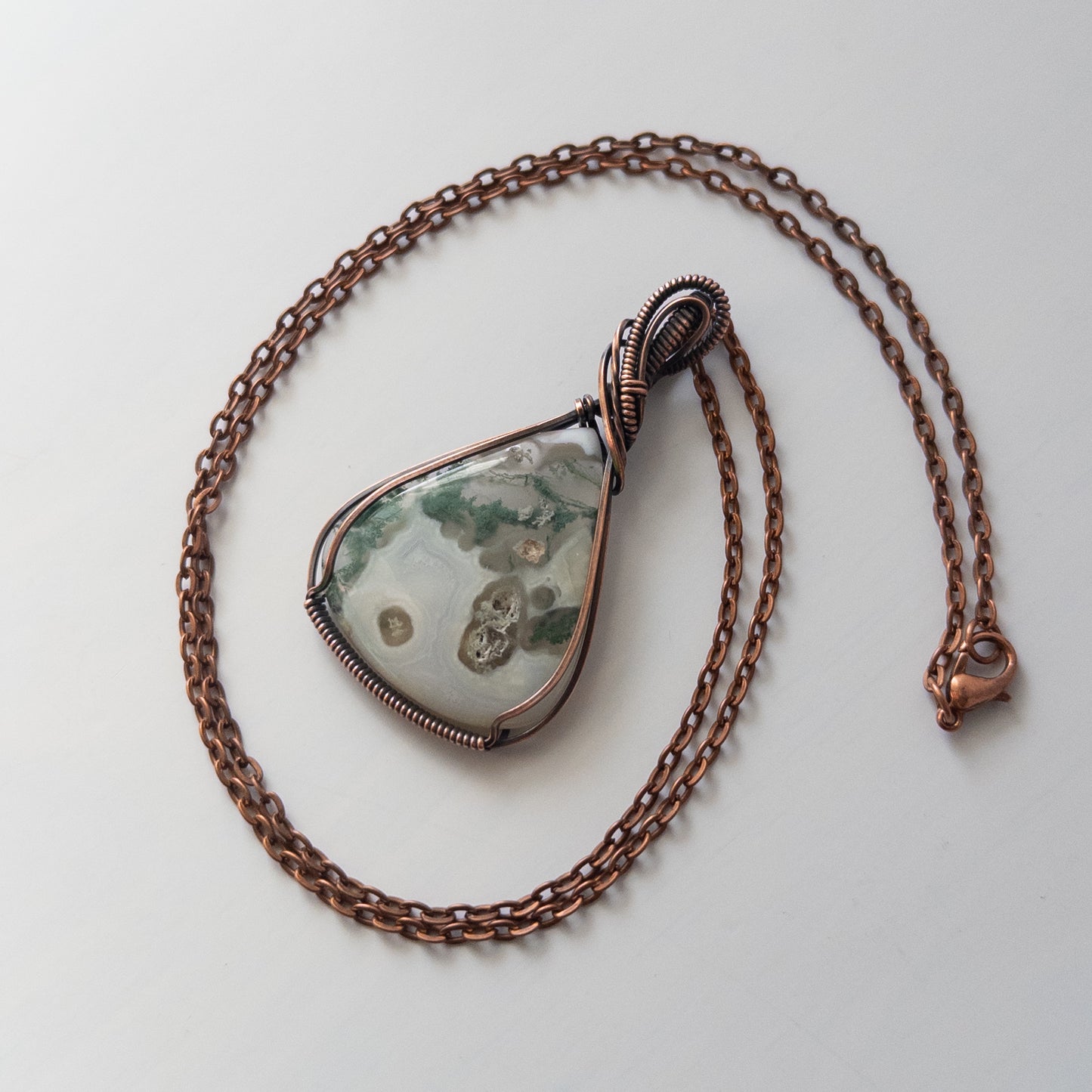 Moss & White Agate Antiqued Copper Wrapped Pendant