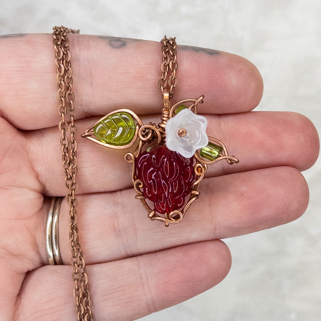 Whimsical Glass Raspberry Copper Wrapped Pendant with Glass Flower - B