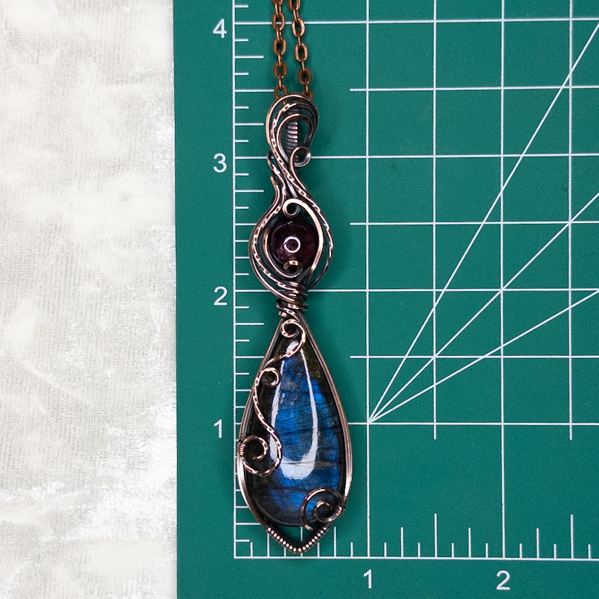 Blue Labradorite & Garnet Antiqued Copper Pendant