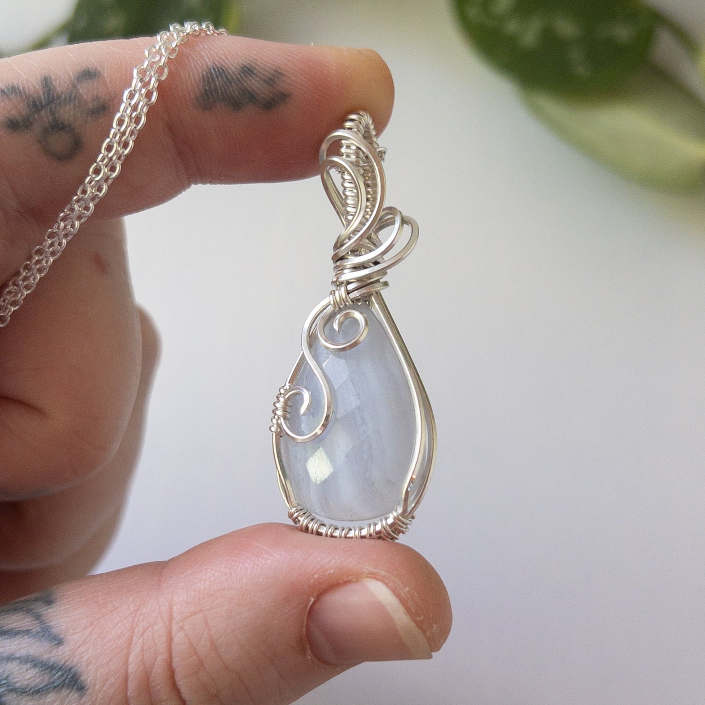 Faceted Blue Lace Agate & Sterling Silver Wrapped Pendant