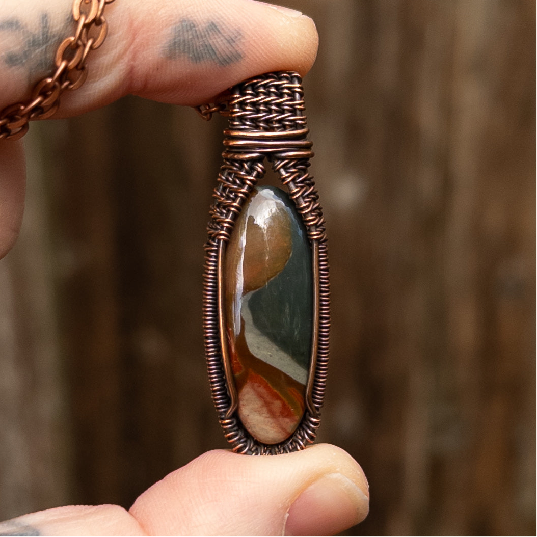 Polychrome Jasper Woven Copper Pendant
