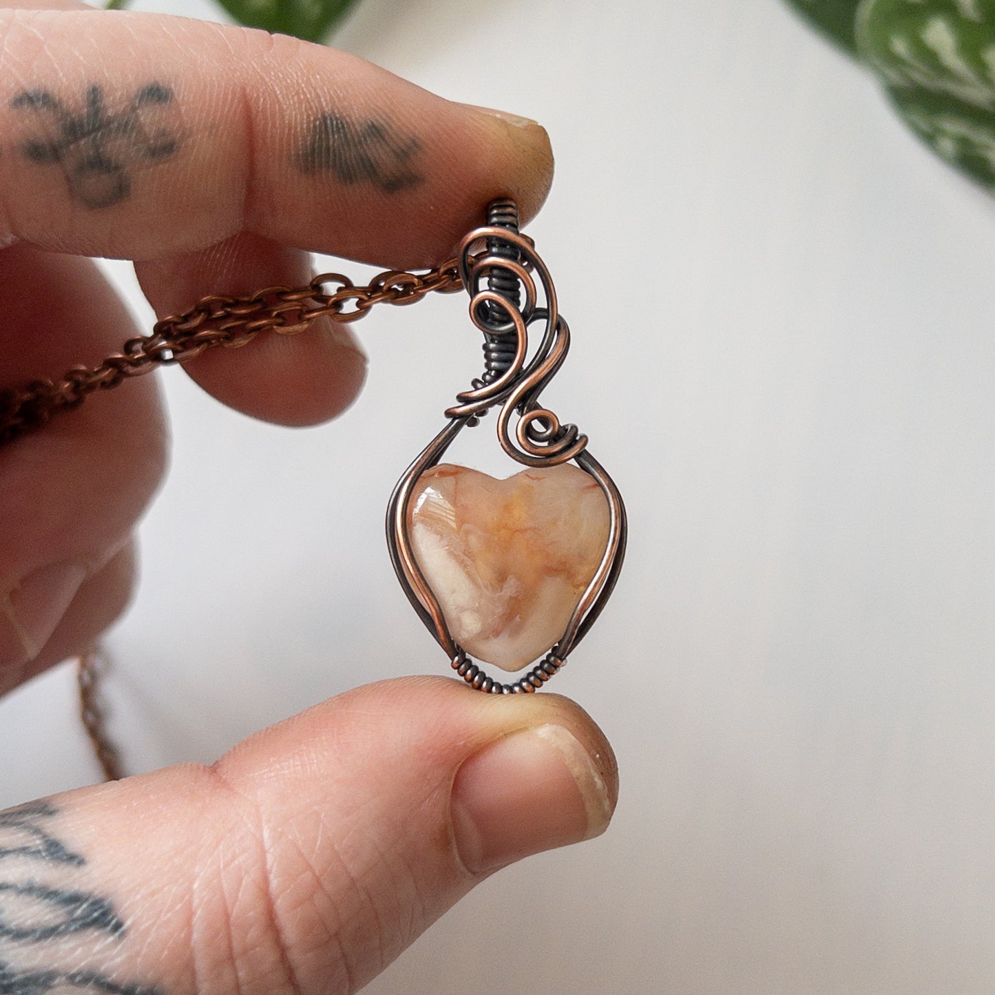 Flower Agate Heart & Copper Wrapped Pendant - C