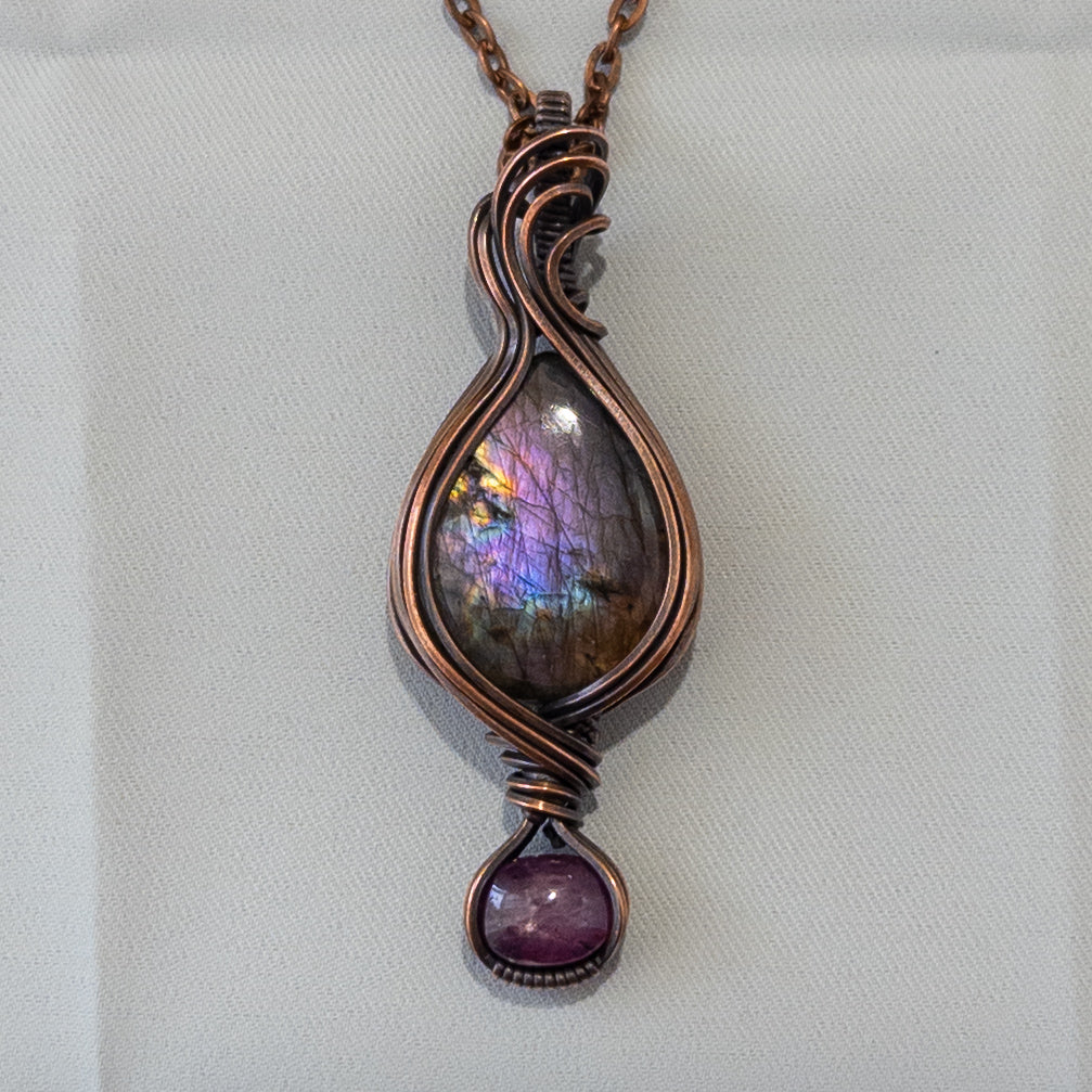 Rainbow Labradorite & Star Ruby Copper Wrapped Pendant
