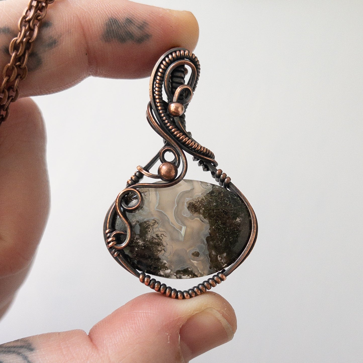 Moss Agate Copper Wrapped Pendant