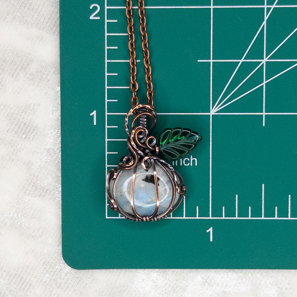 Dainty Moonstone Antiqued Copper Pumpkin Pendant With Czech Glass Leaf