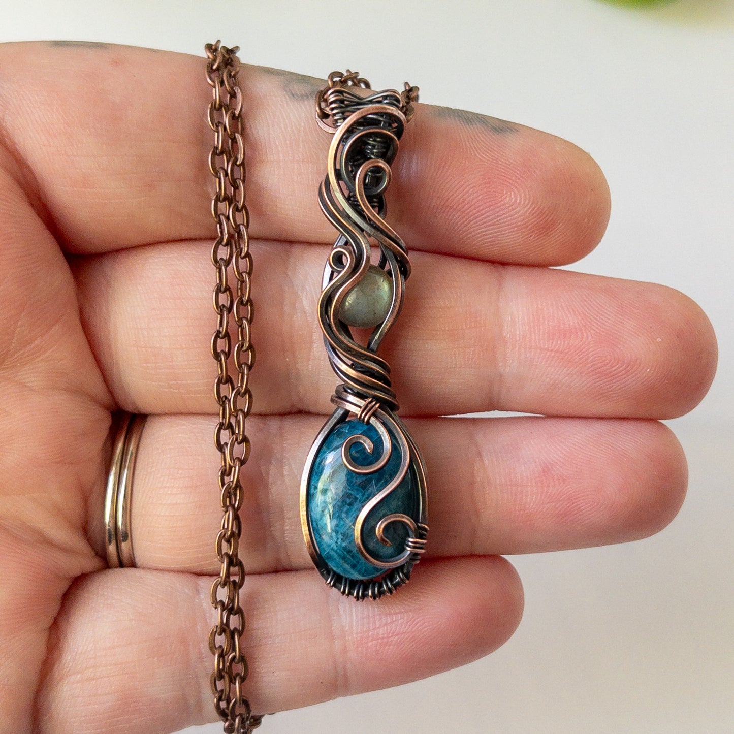 Blue Apatite & Labradorite Copper Wrapped Pendant