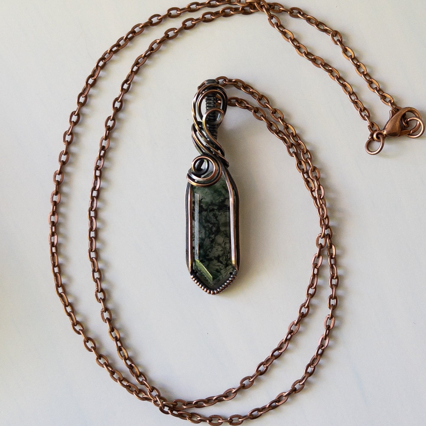 Marquise Moss Agate & Antiqued Copper Wrapped Pendant