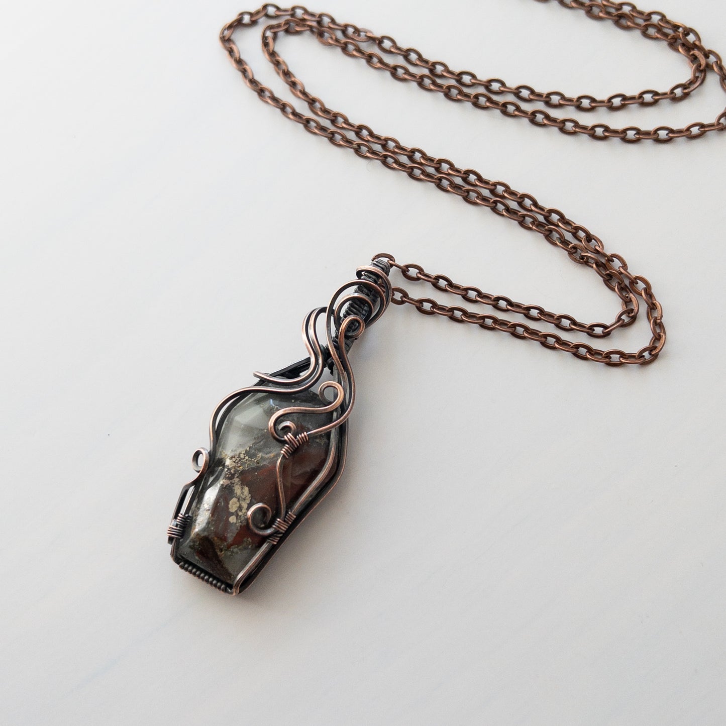 African Bloodstone Coffin Antiqued Copper Wrapped Pendant
