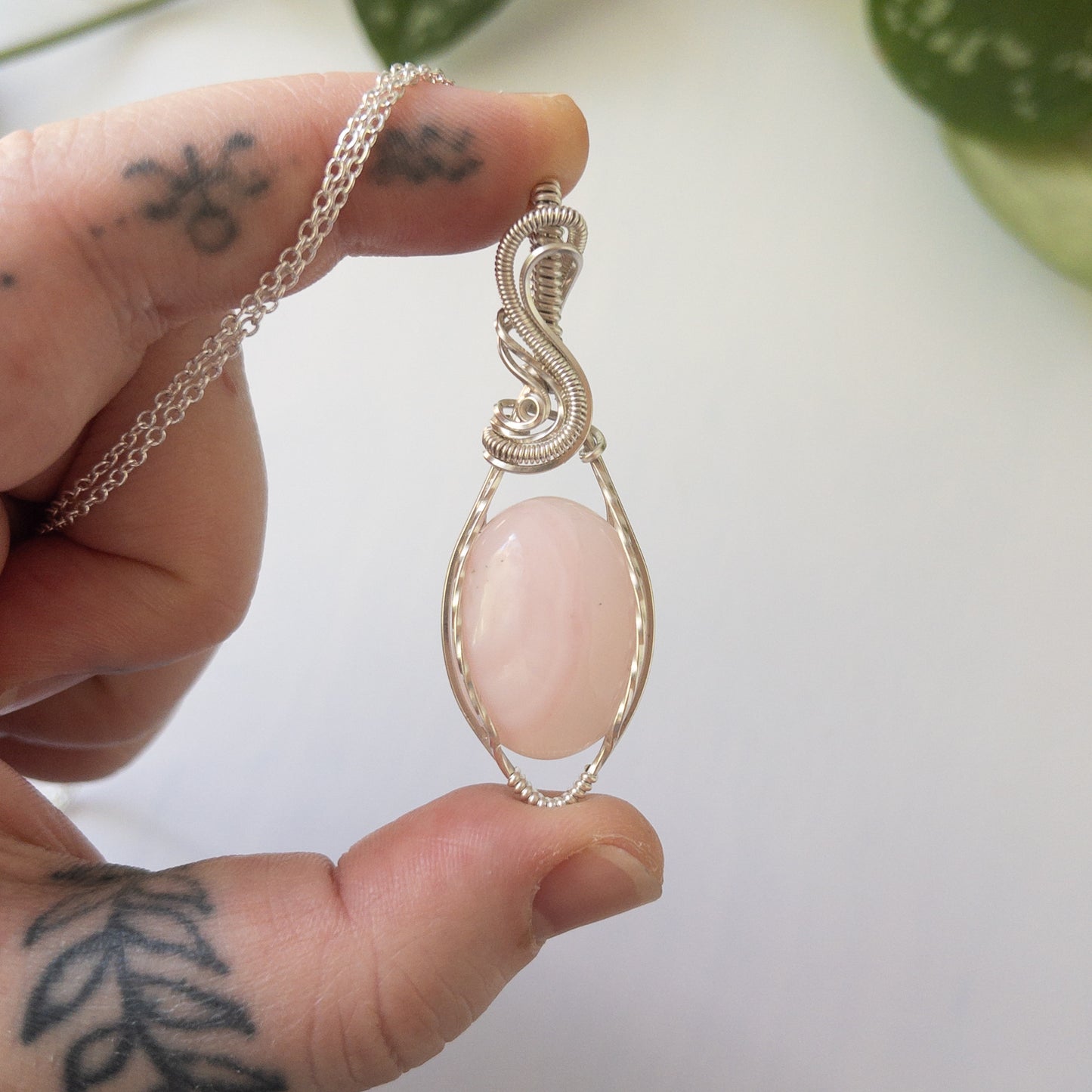 Pink Opal & Sterling Silver Wrapped Pendant
