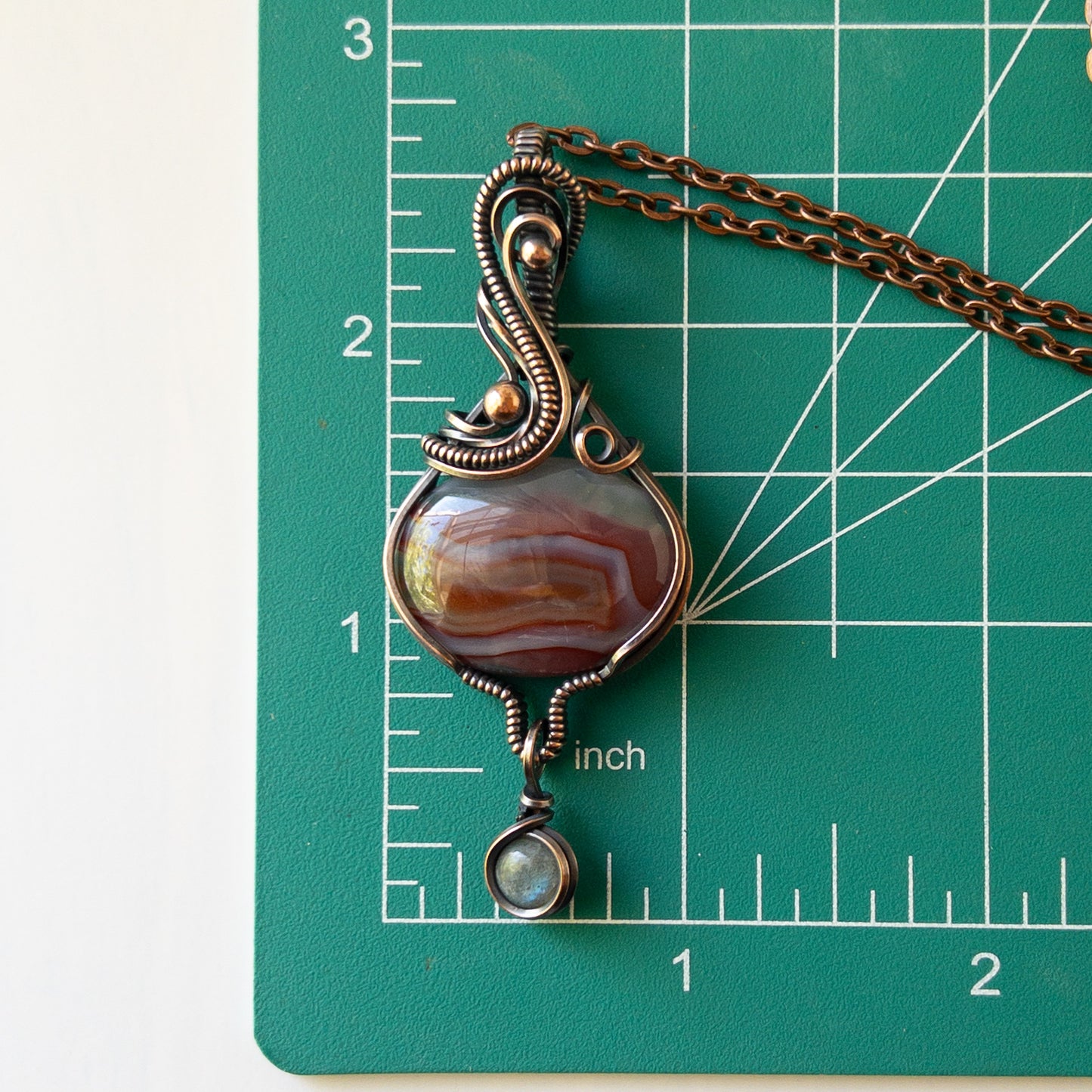 Colorful Banded Agate With Labradorite Charm Copper Wrapped Pendant