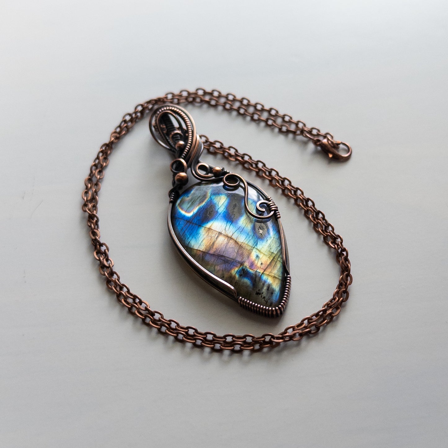 Large Multicolor Labradorite Antiqued Copper Wrapped Pendant