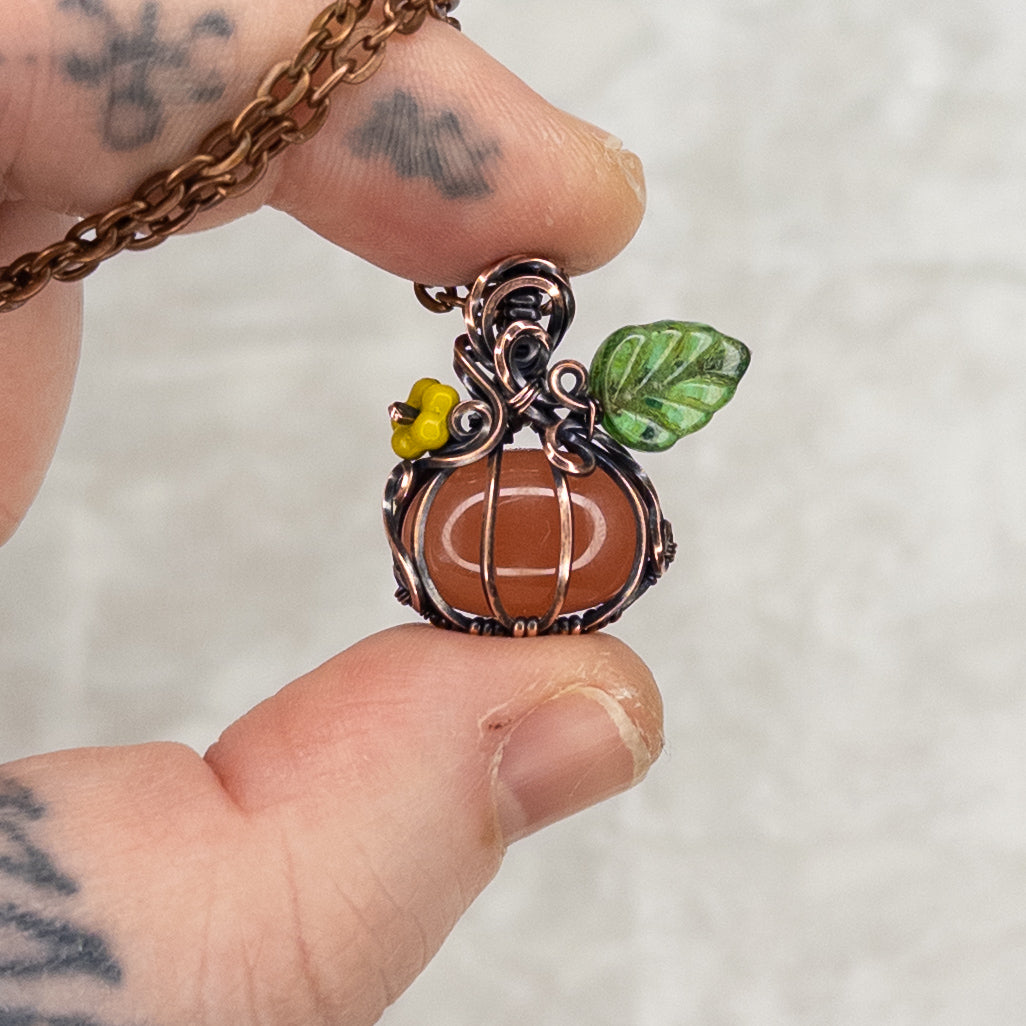 Dainty Carnelian Antiqued Copper Pumpkin Pendant with Czech Glass Blossom & Leaf