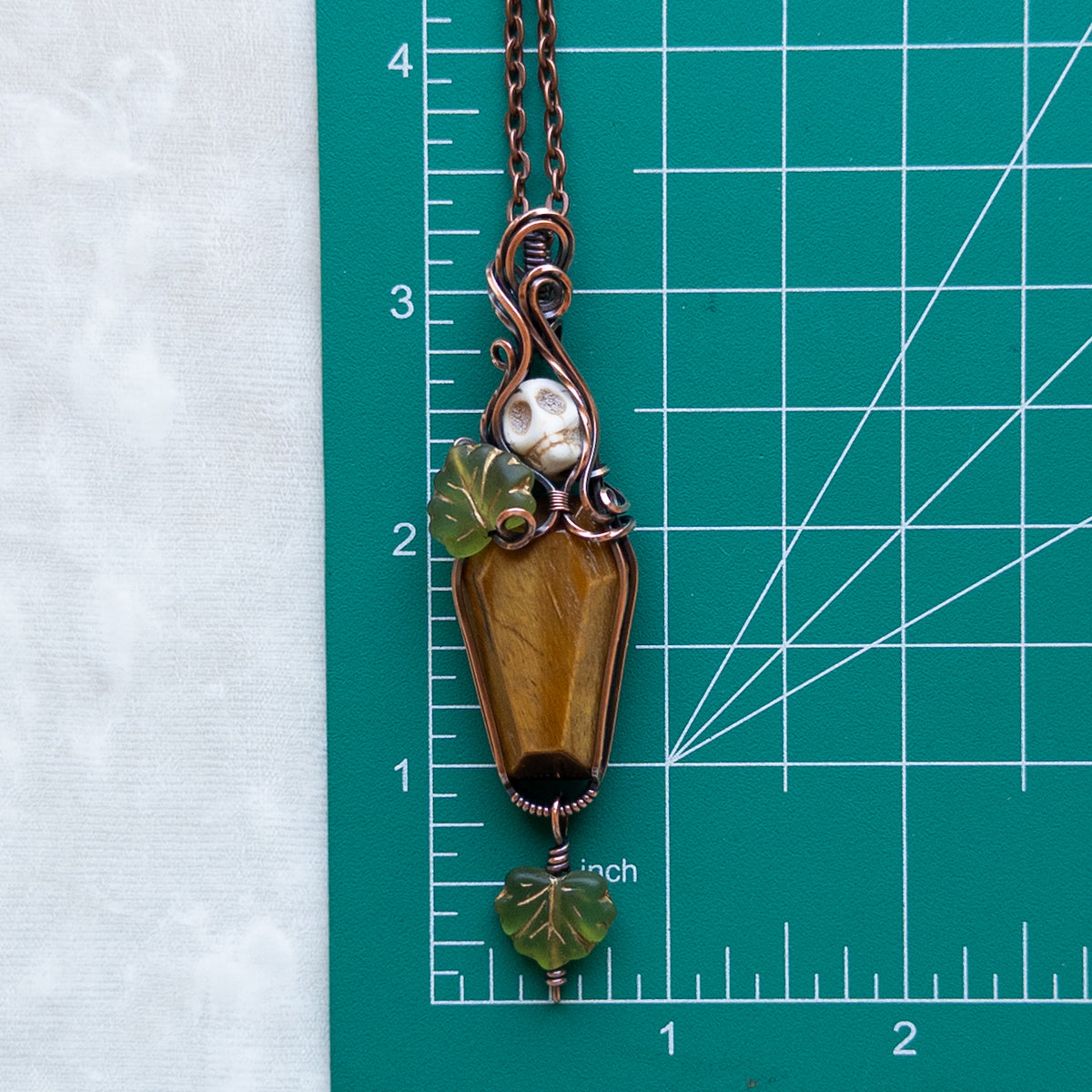 Tiger’s Eye Coffin & Skull Antiqued Copper Pendant With Czech Glass Leaves