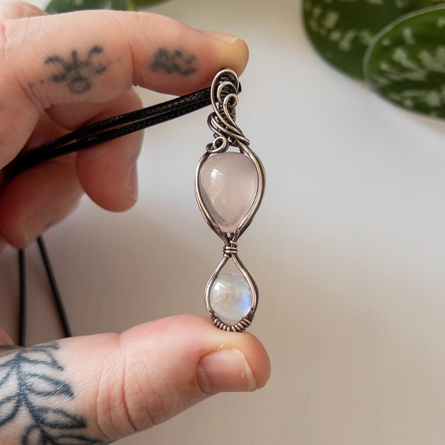 Rose Quartz with Moonstone & Sterling Silver Wrapped Pendant