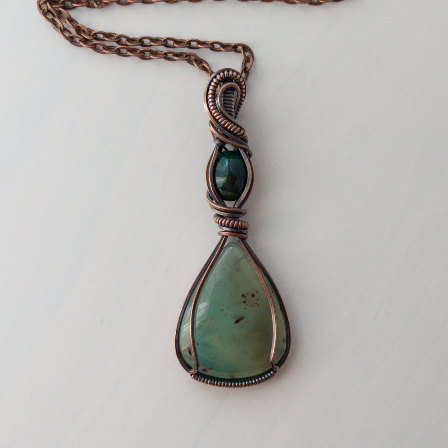 Aquaprase & Smoked Opal Antiqued Copper Wrapped Pendant