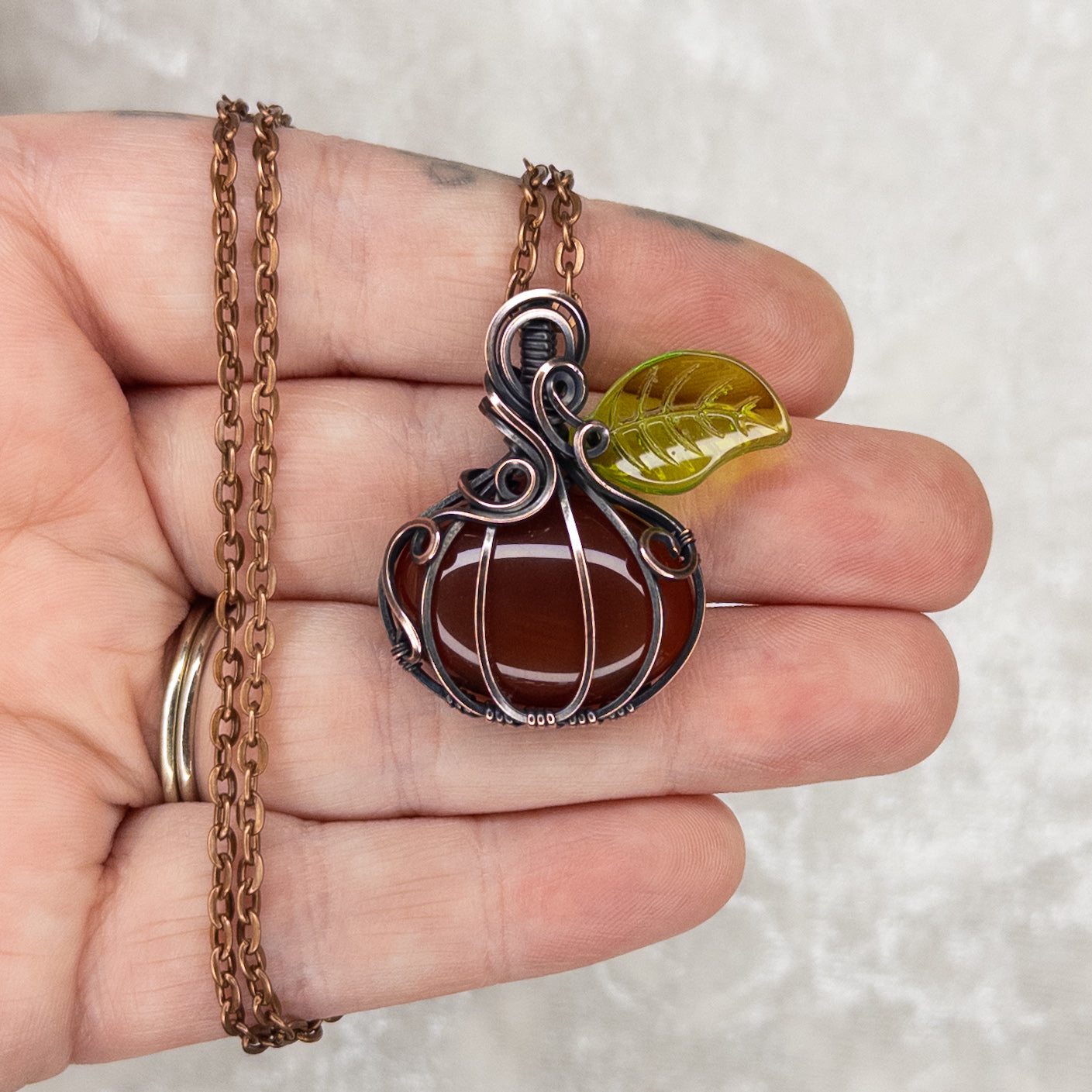 Carnelian & Glass Leaf Antiqued Copper Pumpkin Pendant