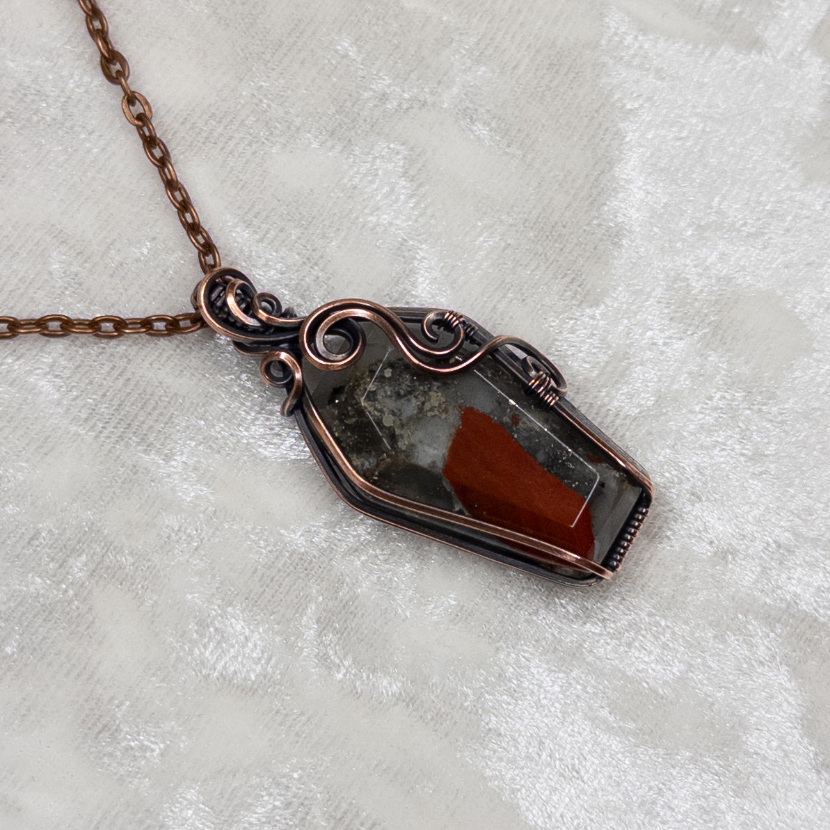 African Bloodstone Antiqued Copper Coffin Pendant