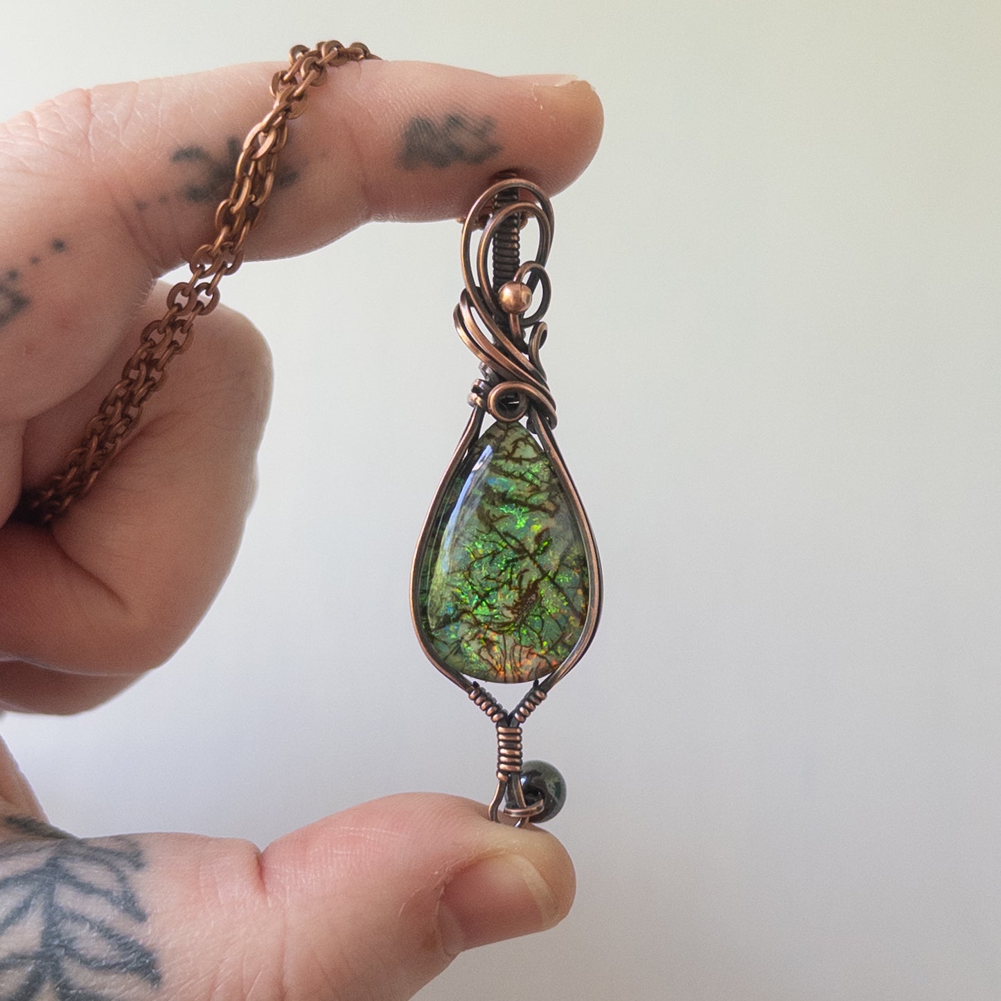 Monarch Opal & Hematite Antiqued Copper Wrapped Pendant