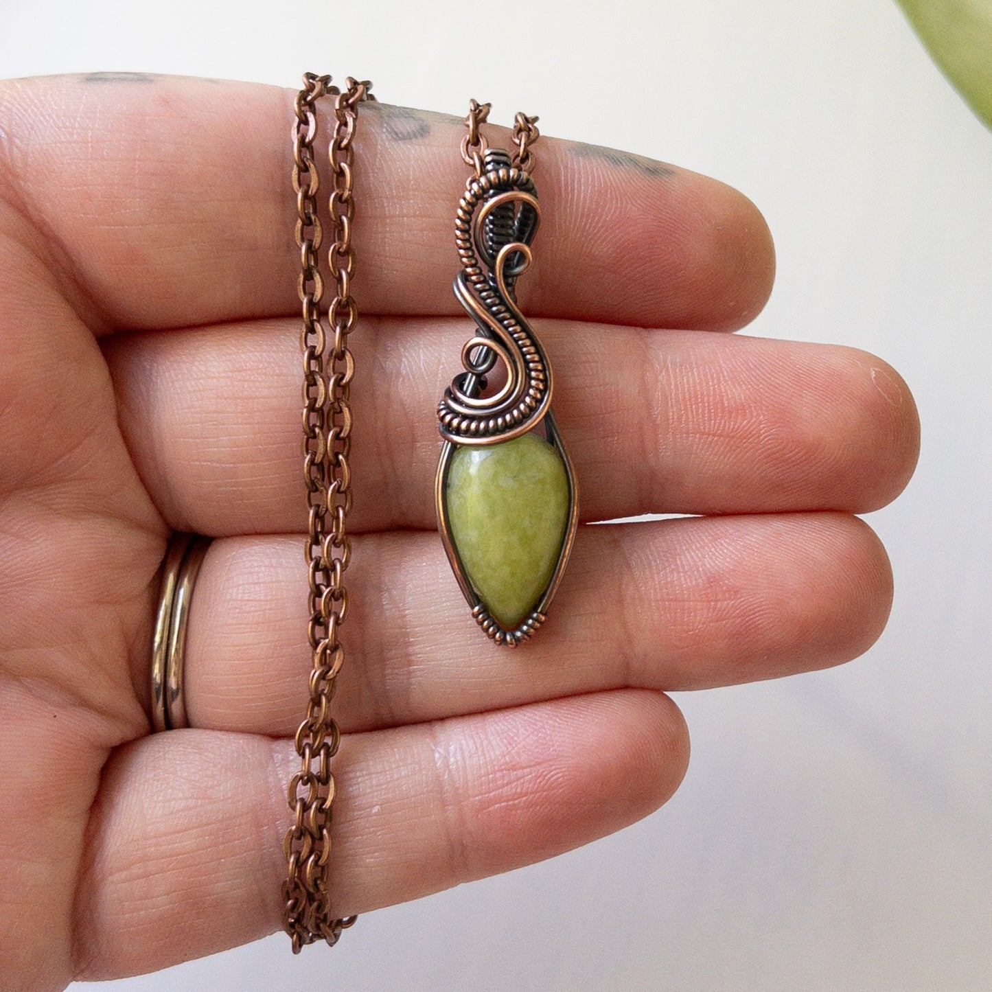 Vesuvianite & Antiqued Copper Wrapped Pendant