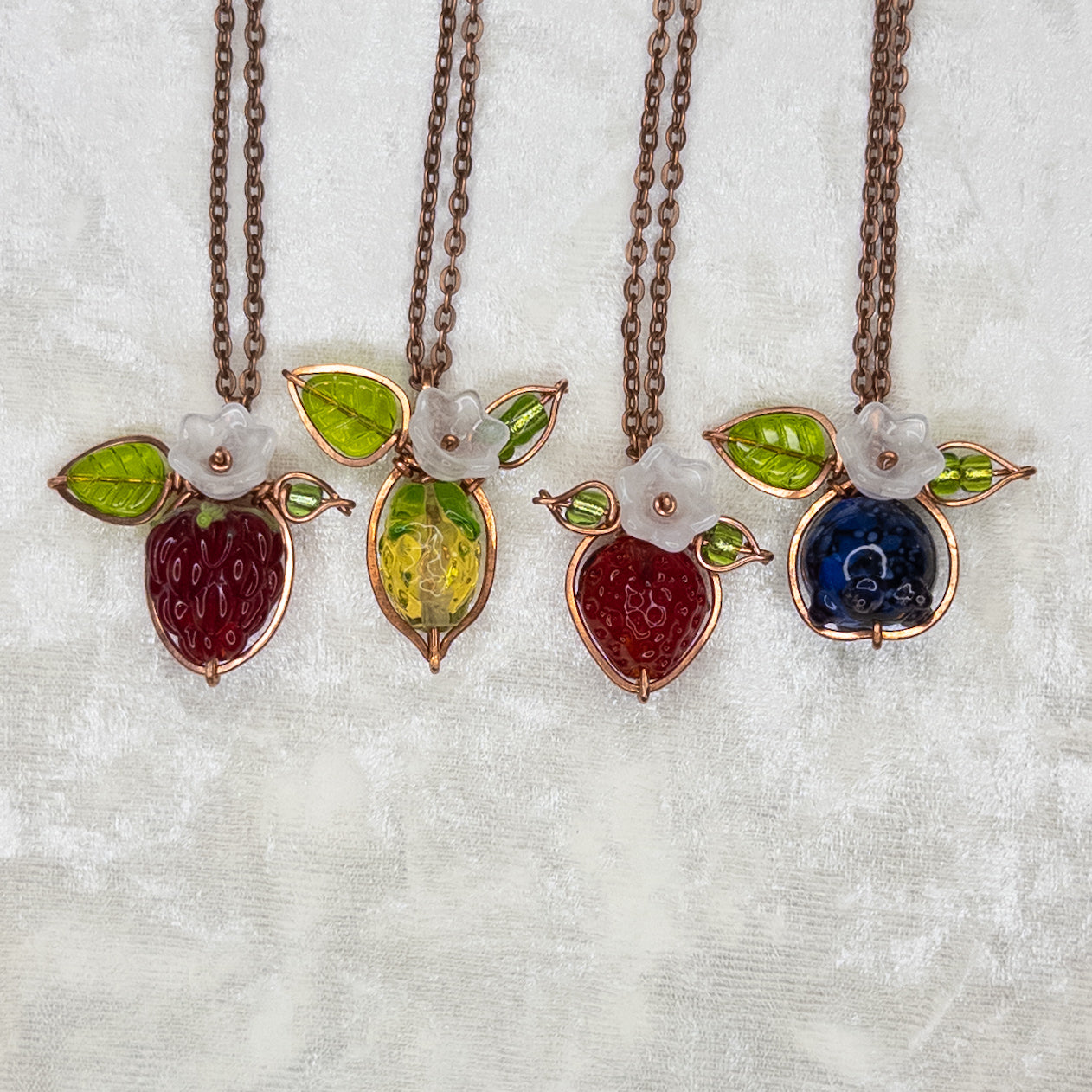 “Summer Harvest” Glass Fruit Wrapped Bare Copper Pendants