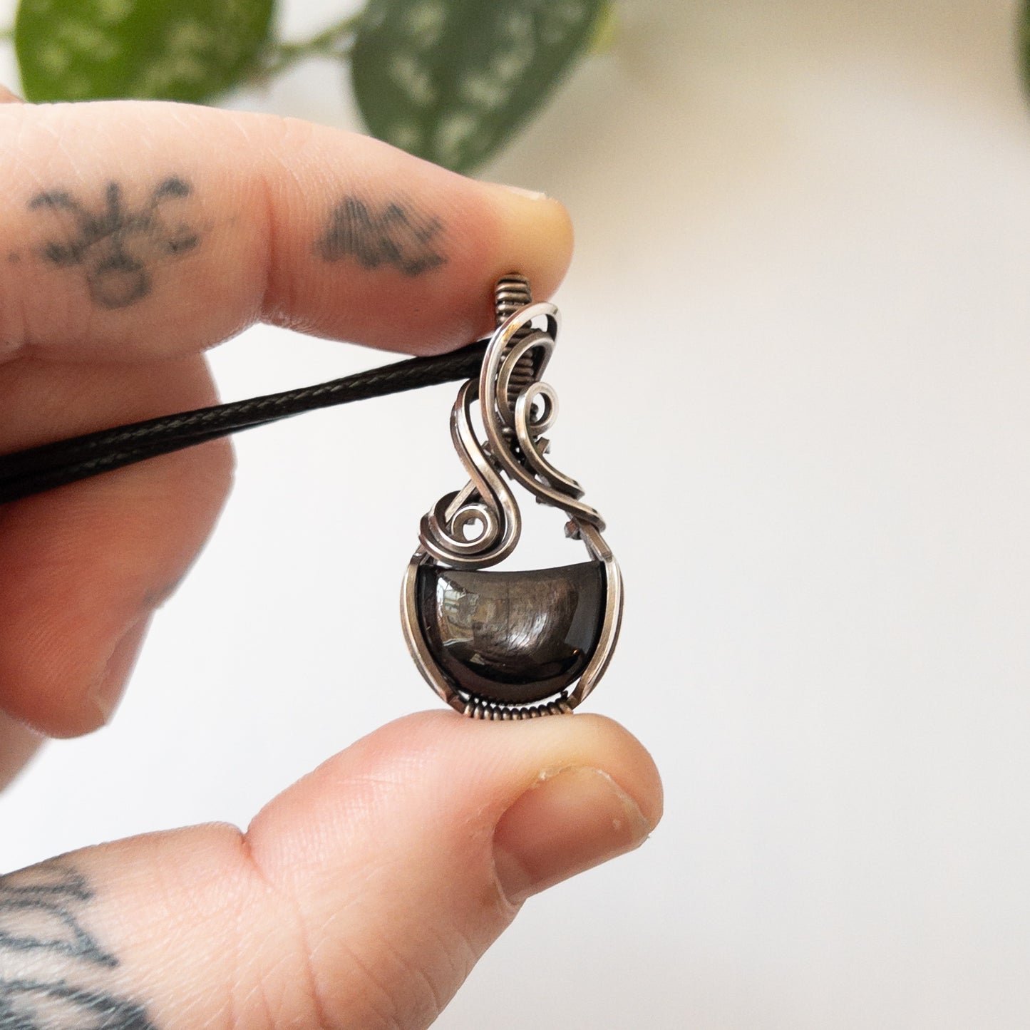 Hypersthene Moon & Sterling Silver Wrapped Pendant
