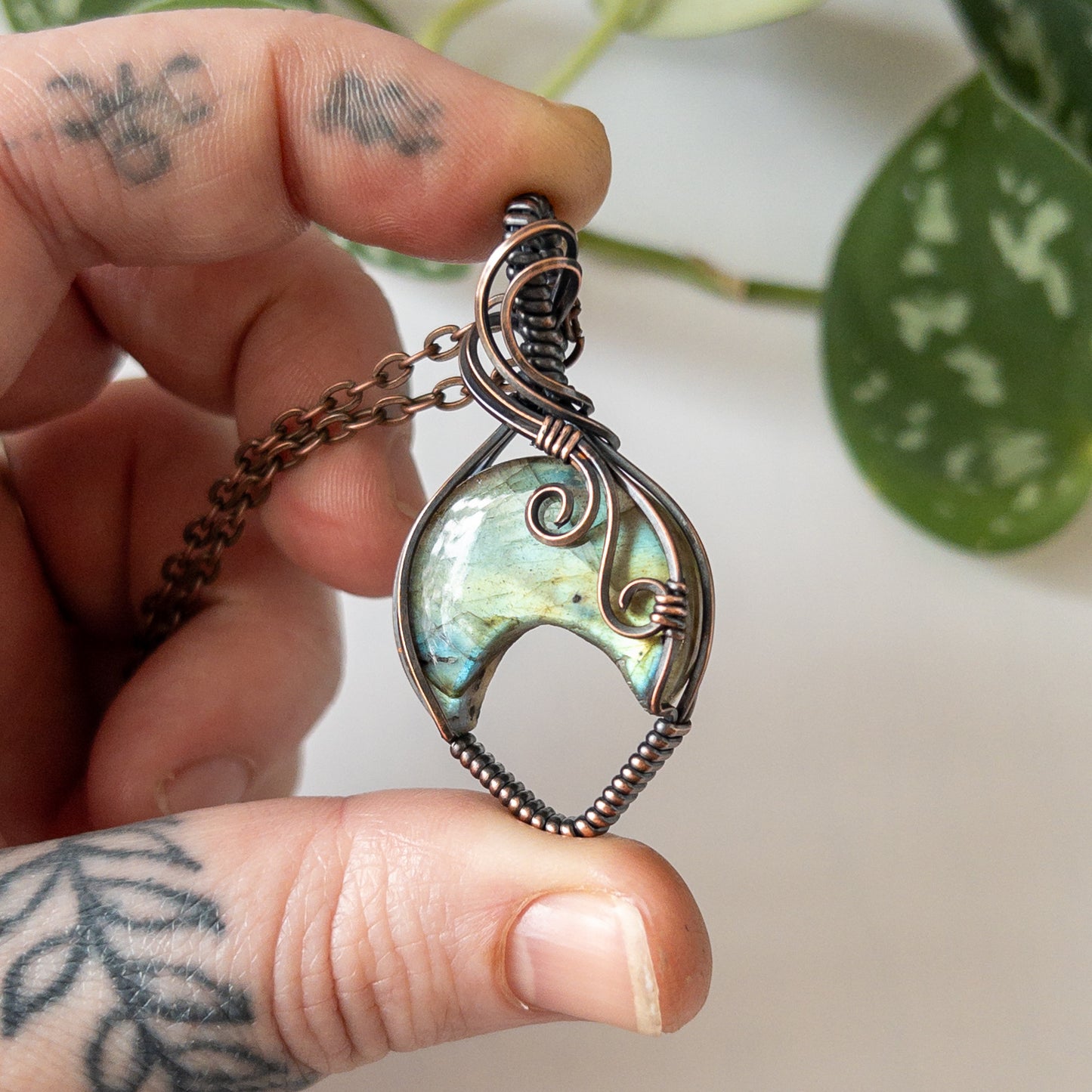 Labradorite Inverted Moon & Copper Wrapped Pendant