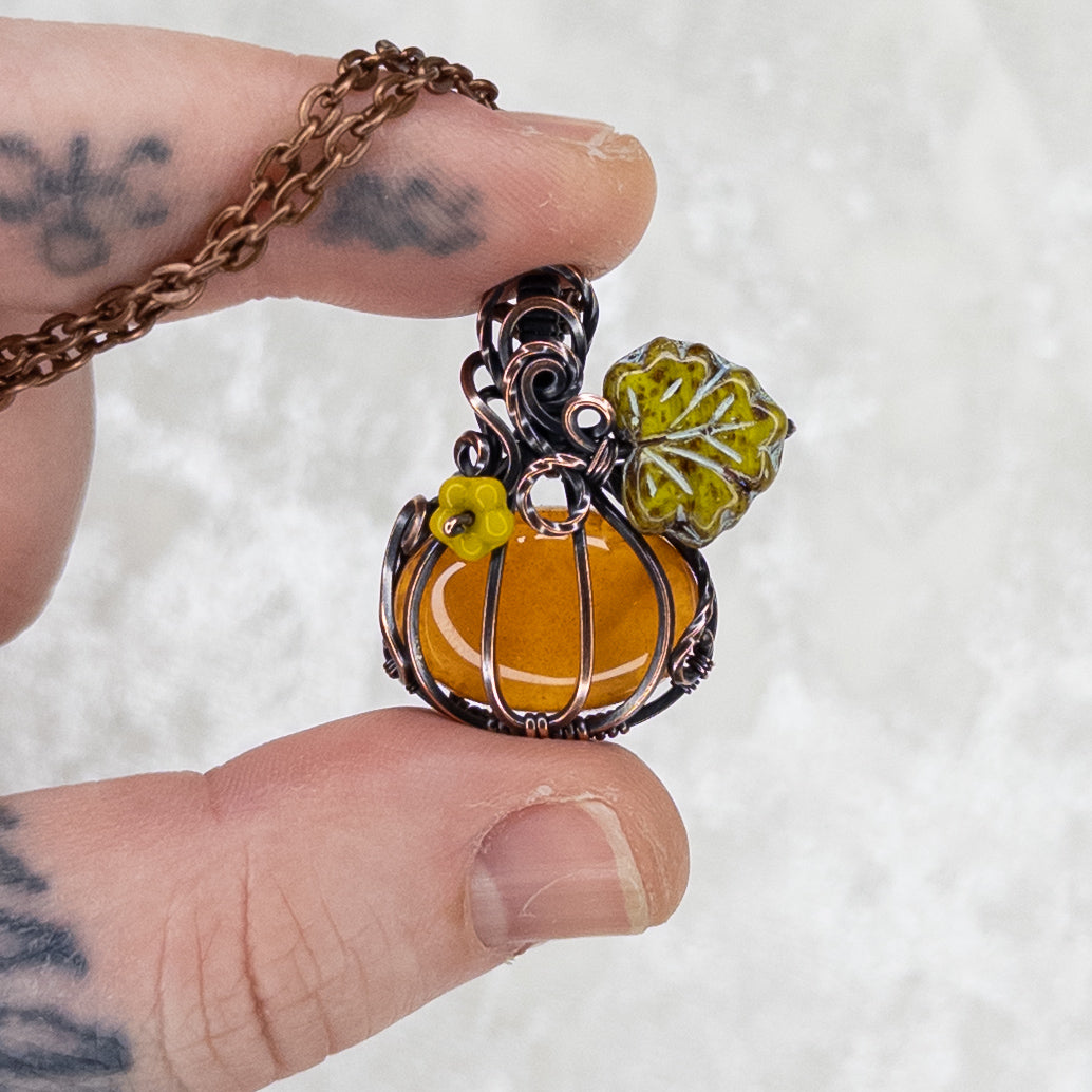 Carnelian Antiqued Copper Pumpkin Pendant With Czech Glass Leaf & Blossom