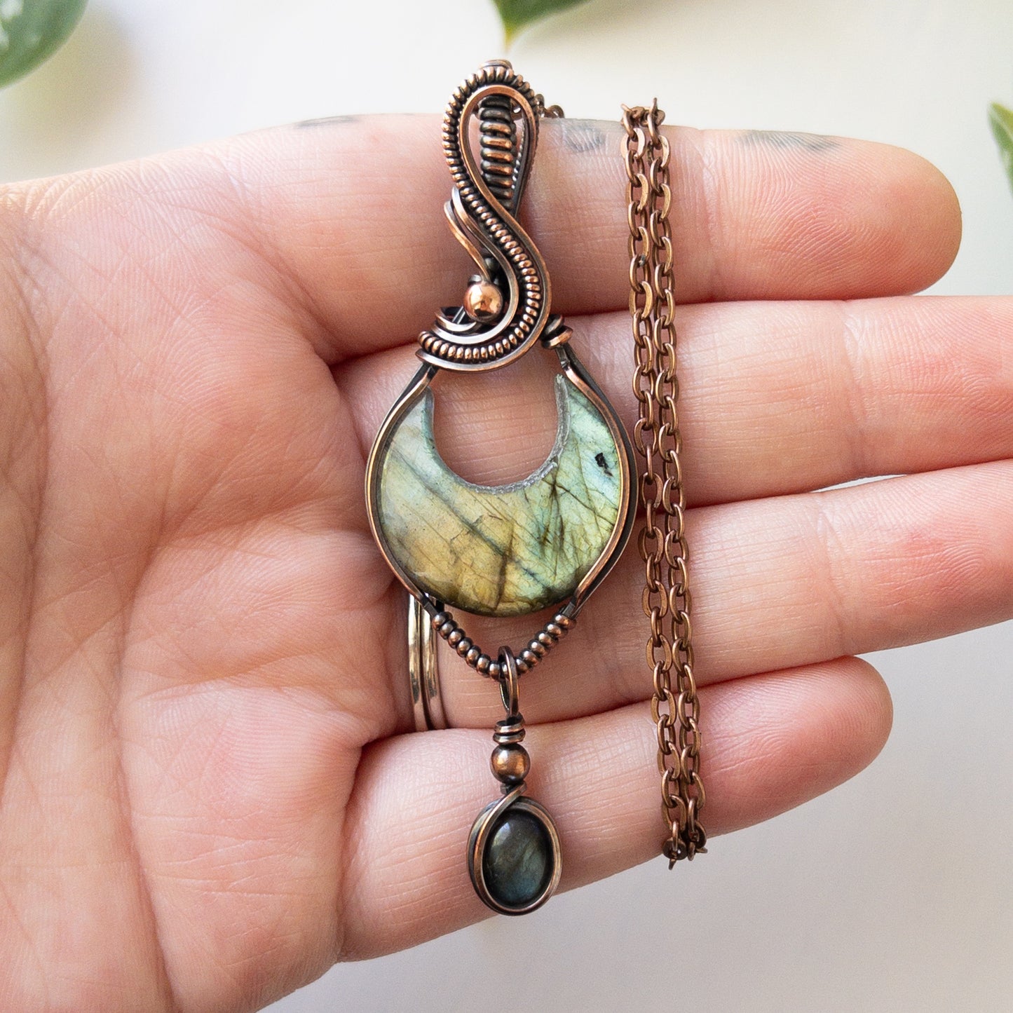 Crescent Moon Labradorite With Labradorite Charm Copper Wrapped Pendant