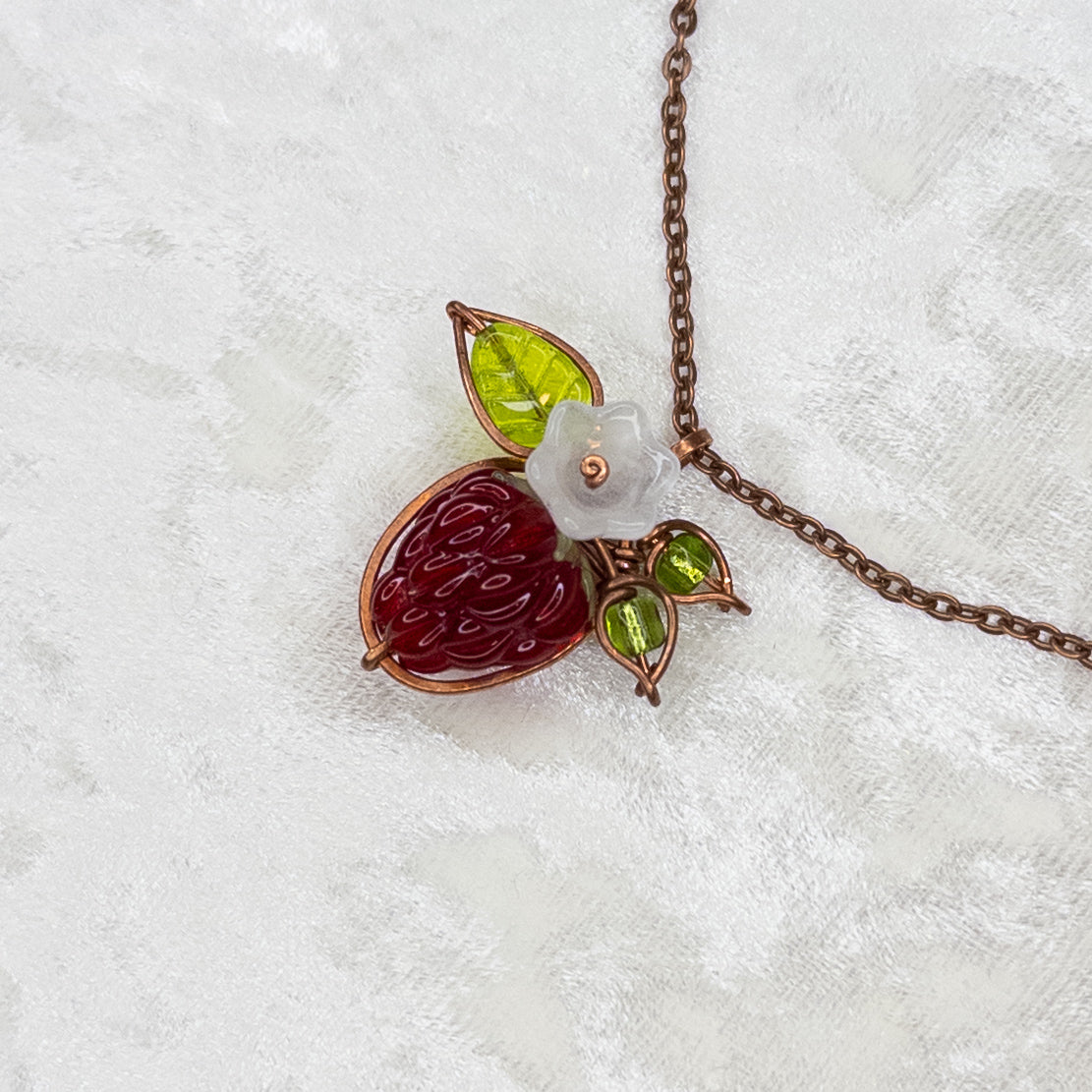 Whimsical Glass Raspberry Copper Wrapped Pendant with Glass Flower - A
