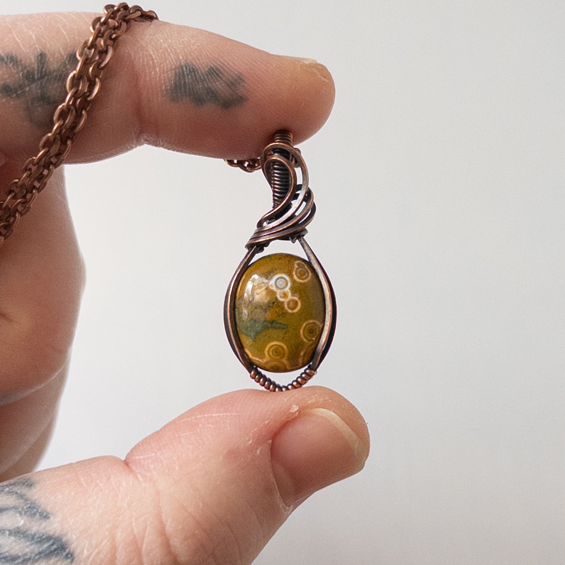 Dainty Yellow Ocean Jasper Copper Wrapped Pendant