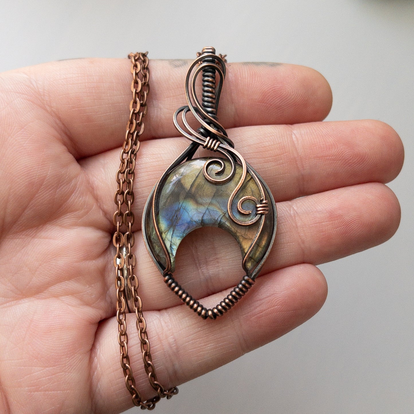 Labradorite Crescent Moon Copper Wrapped Pendant